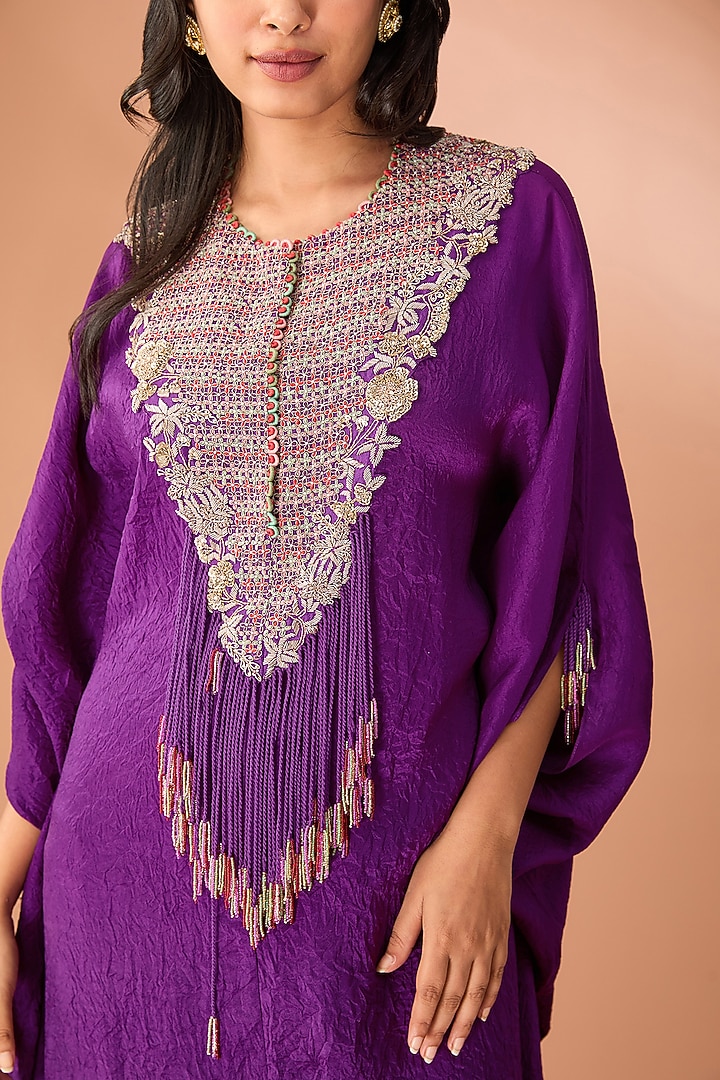Purple Dupion Silk Embroidered Crushed Kaftan Set by Minaxi Dadoo at Pernia's Pop Up Shop