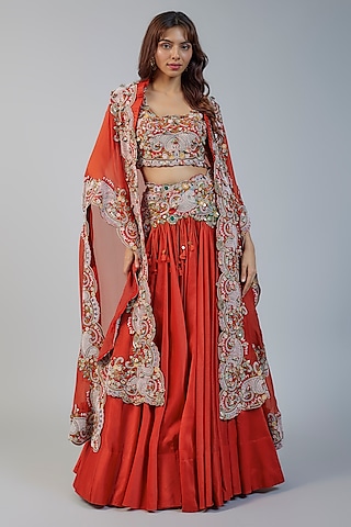 Red Organza Pearl Embroidered Butterfly Cape Set by Minaxi Dadoo