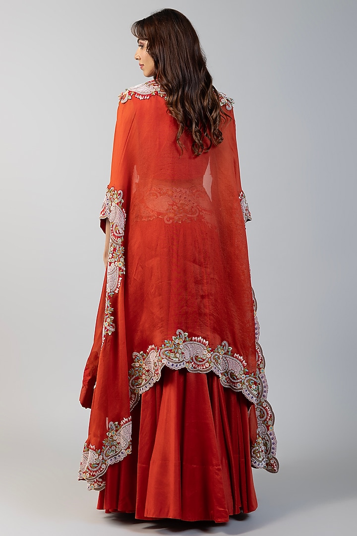 Red Organza Pearl Embroidered Butterfly Cape Set by Minaxi Dadoo at Pernia's Pop Up Shop