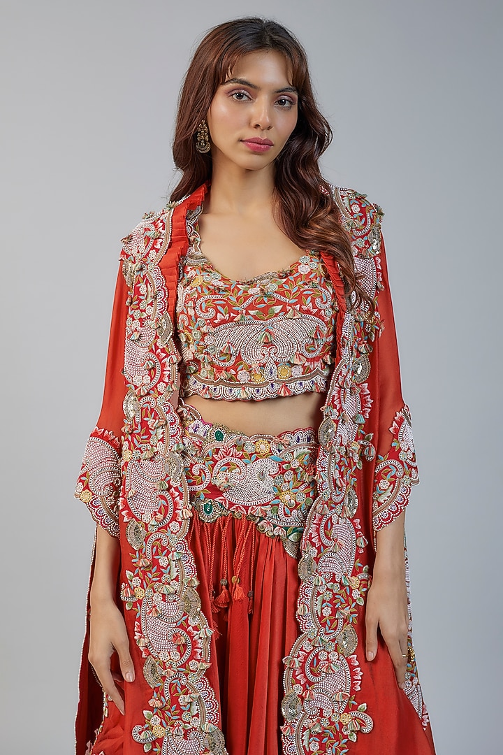 Red Organza Pearl Embroidered Butterfly Cape Set by Minaxi Dadoo at Pernia's Pop Up Shop