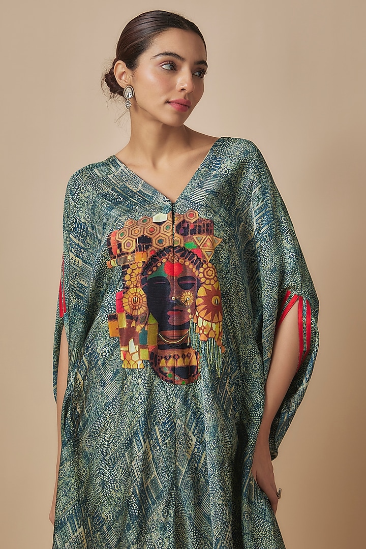 Blue Silk Printed Kaftan Set by Minaxi Dadoo at Pernia's Pop Up Shop