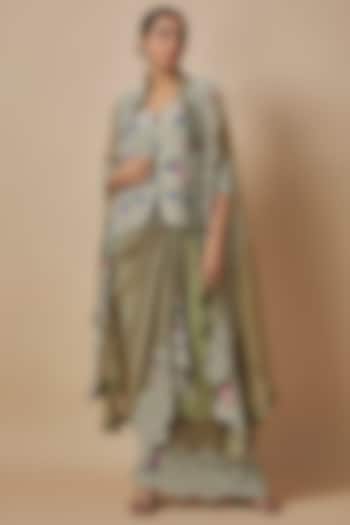 Olive Green Silk Embroidered Pick-Up Skirt Set by Minaxi Dadoo