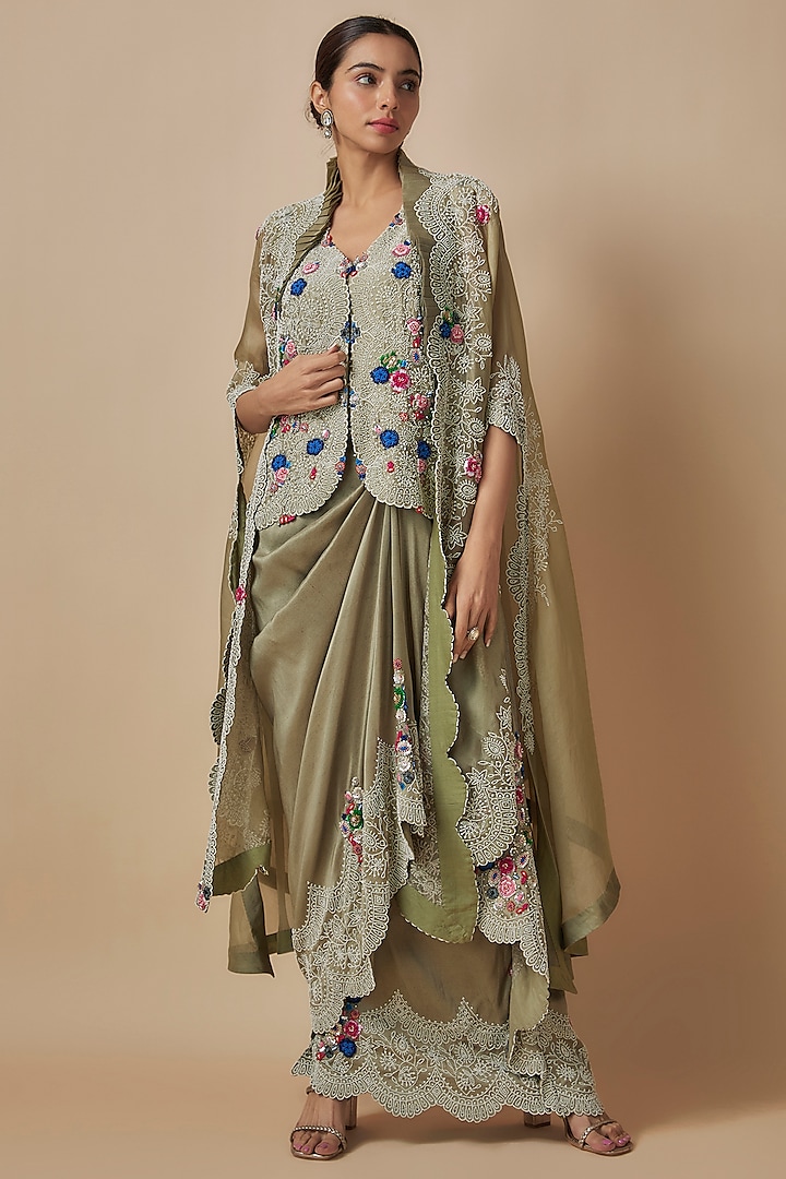 Olive Green Silk Embroidered Pick-Up Skirt Set by Minaxi Dadoo