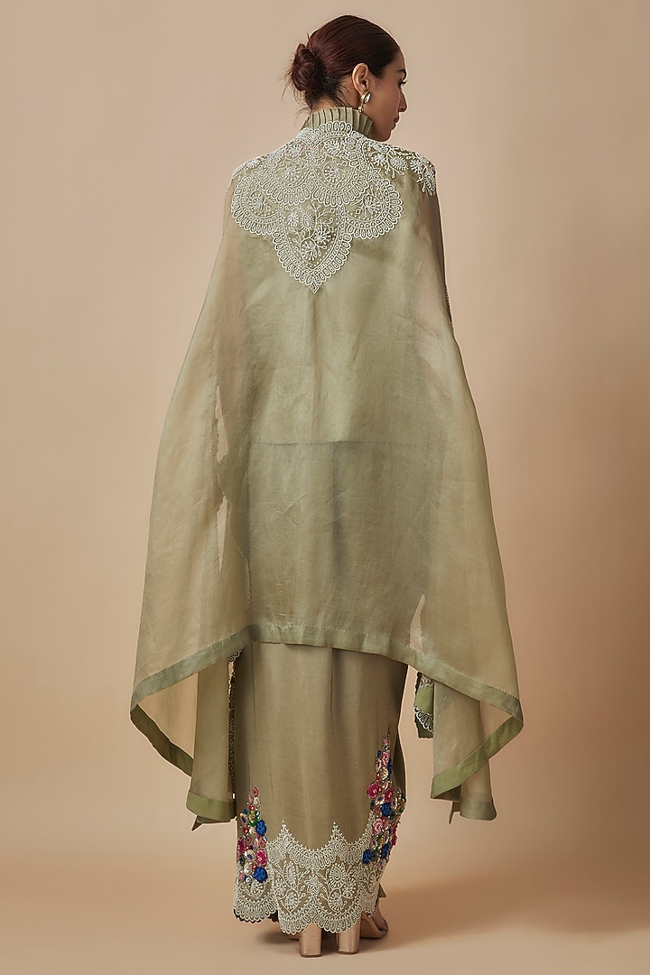 Olive Green Silk Embroidered Pick-Up Skirt Set by Minaxi Dadoo at Pernia's Pop Up Shop