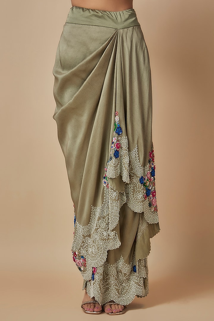 Olive Green Silk Embroidered Pick-Up Skirt Set by Minaxi Dadoo at Pernia's Pop Up Shop