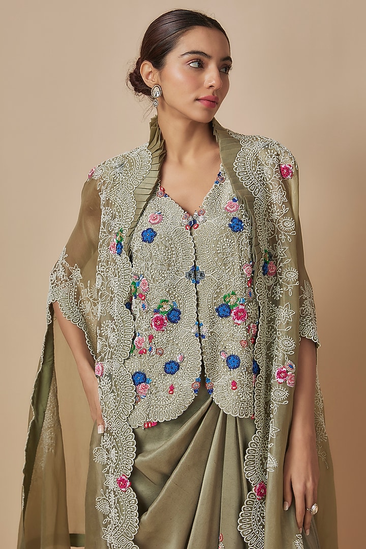 Olive Green Silk Embroidered Pick-Up Skirt Set by Minaxi Dadoo at Pernia's Pop Up Shop
