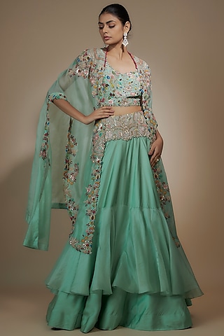 Powder Blue Silk & Organza Sequins Work Jacket Lehenga Set by Minaxi Dadoo