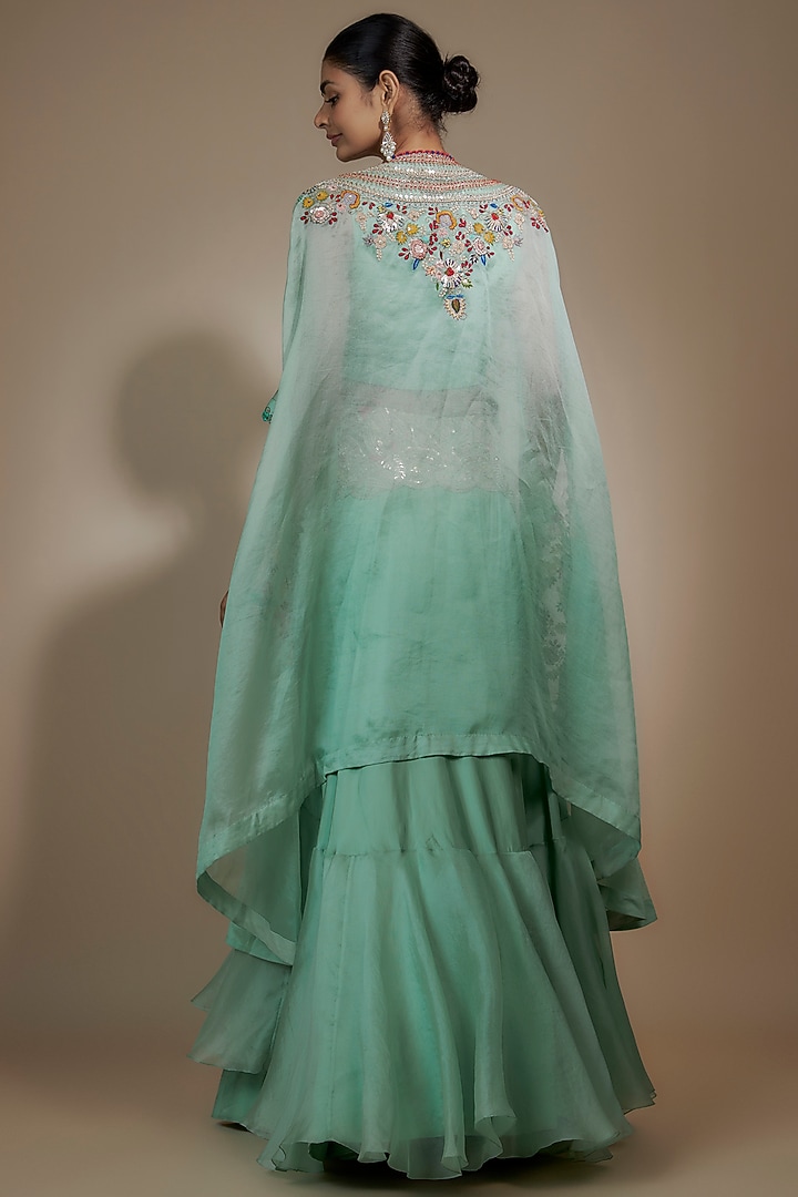 Powder Blue Silk & Organza Sequins Work Jacket Bridal Lehenga Set by Minaxi Dadoo at Pernia's Pop Up Shop