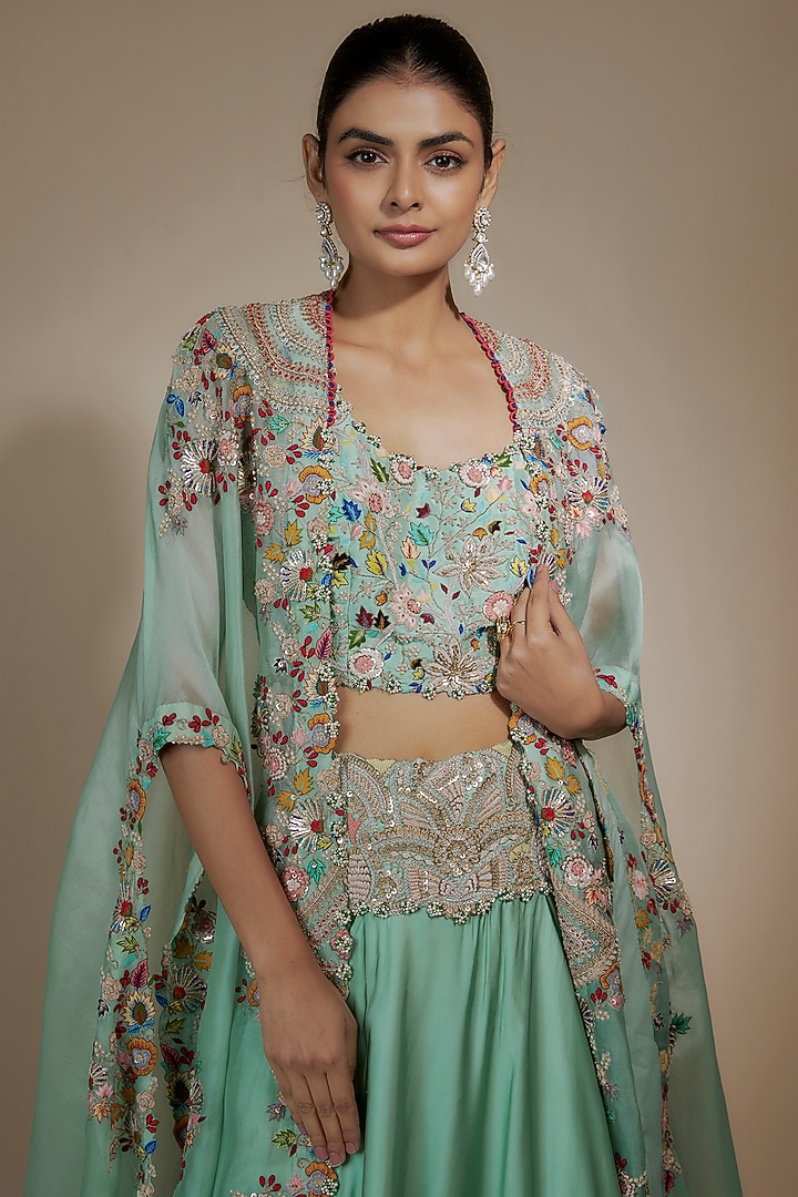 Powder Blue Silk & Organza Sequins Work Jacket Bridal Lehenga Set by Minaxi Dadoo at Pernia's Pop Up Shop