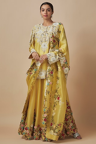 Yellow Dupion Thread Embroidered Sharara Set by Minaxi Dadoo