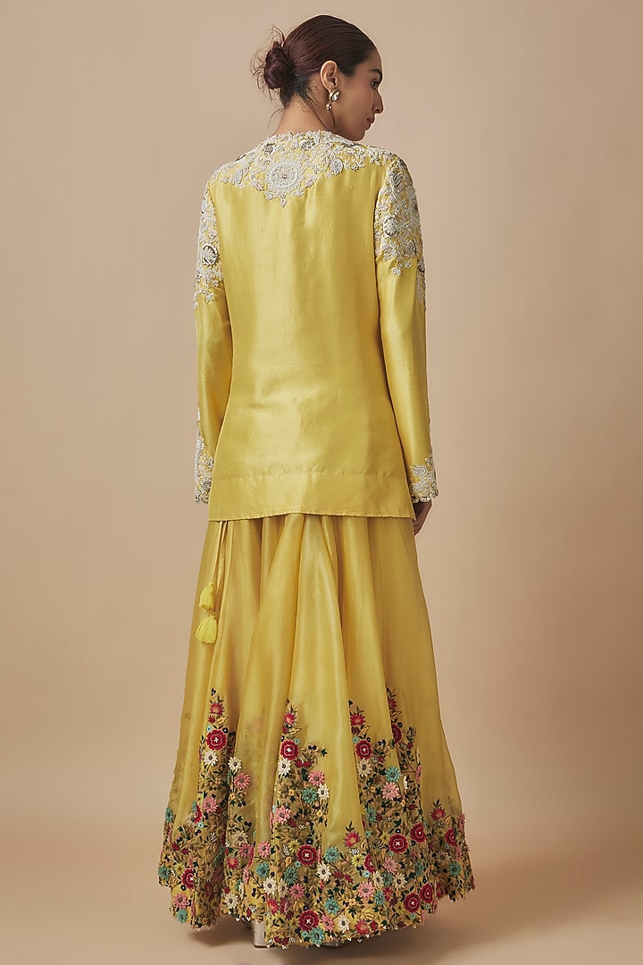 Yellow Dupion Thread Embroidered Bridal Sharara Set by Minaxi Dadoo at Pernia's Pop Up Shop