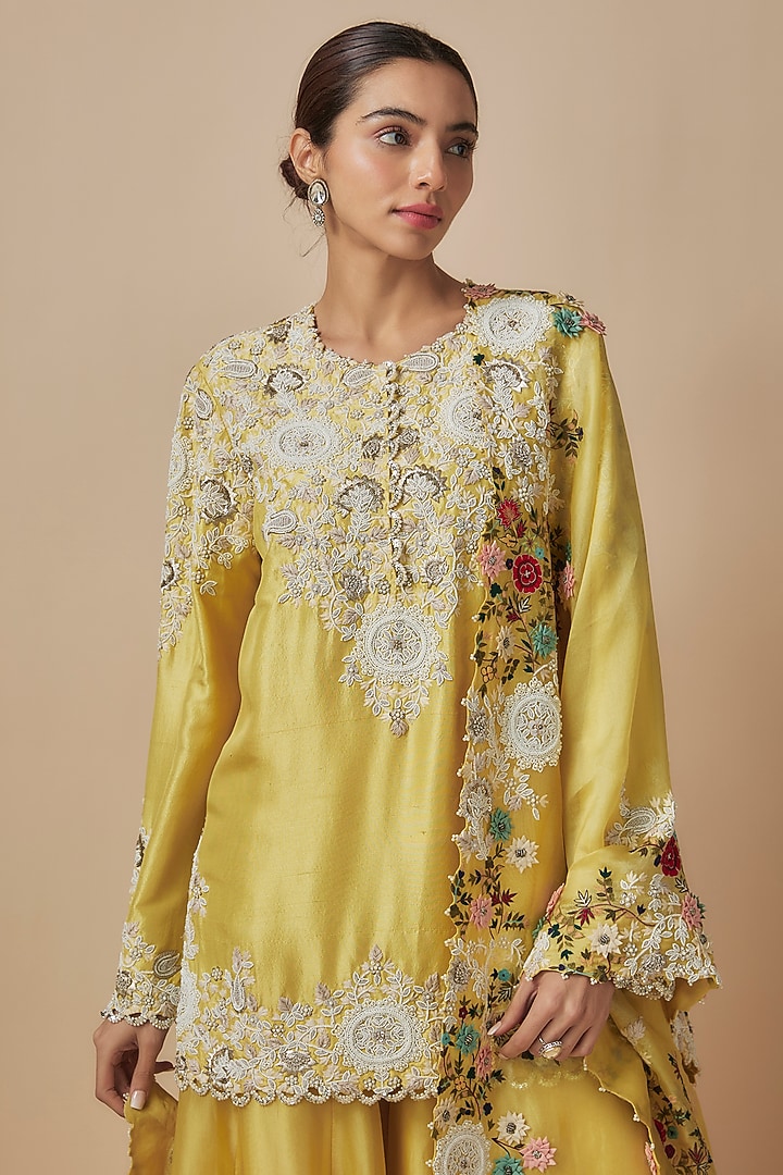 Yellow Dupion Thread Embroidered Bridal Sharara Set by Minaxi Dadoo at Pernia's Pop Up Shop