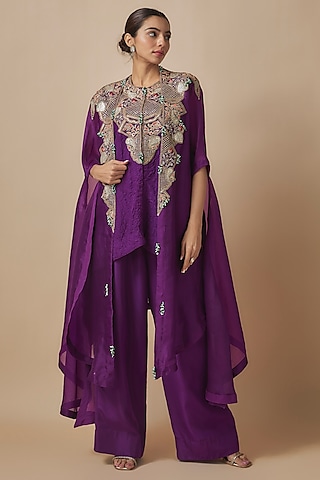 Purple Dupion Dori Work Kurta Set by Minaxi Dadoo