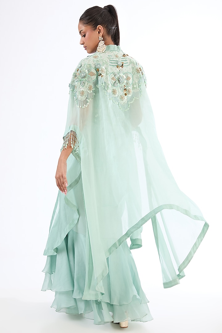 Powder Blue Silk & Organza Thread Work Butterfly Cape Set by Minaxi Dadoo at Pernia's Pop Up Shop