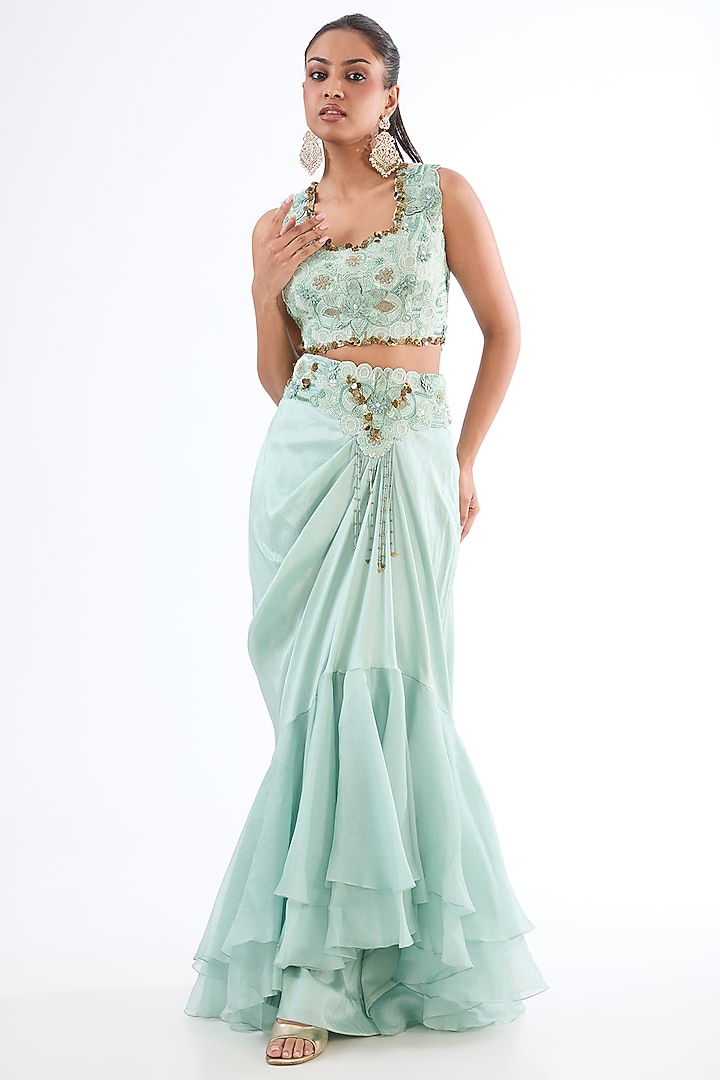 Powder Blue Silk & Organza Thread Work Butterfly Cape Set by Minaxi Dadoo at Pernia's Pop Up Shop