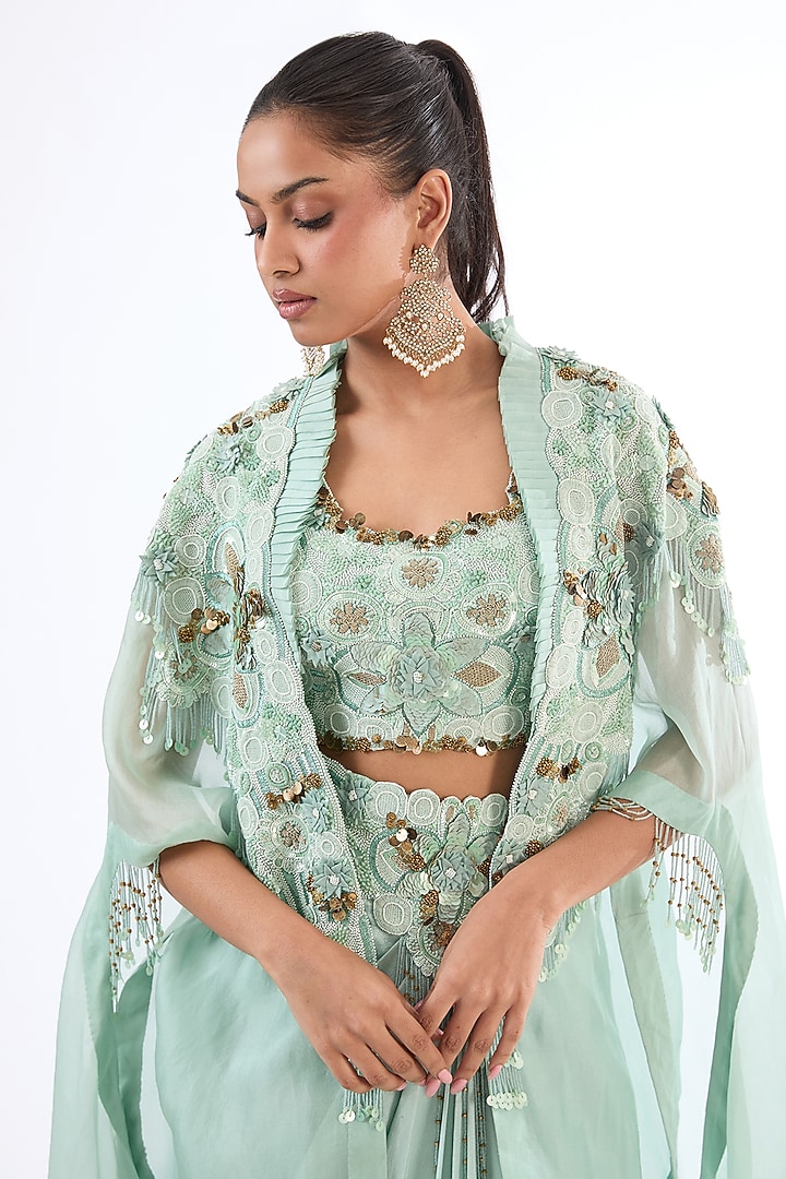 Powder Blue Silk & Organza Thread Work Butterfly Cape Set by Minaxi Dadoo at Pernia's Pop Up Shop