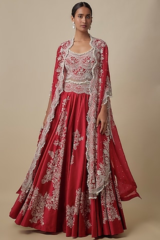 Red Organza Pearl Work Butterfly Cape Set by Minaxi Dadoo