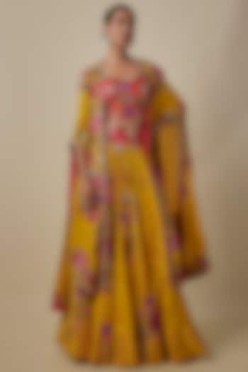 Yellow Organza Kashmiri Embroidered Butterfly Cape Set by Minaxi Dadoo at Pernia's Pop Up Shop