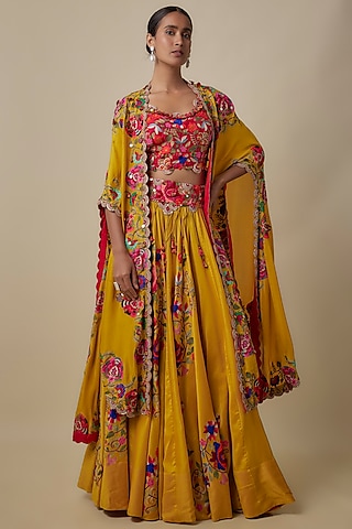 Yellow Organza Kashmiri Embroidered Butterfly Cape Set by Minaxi Dadoo