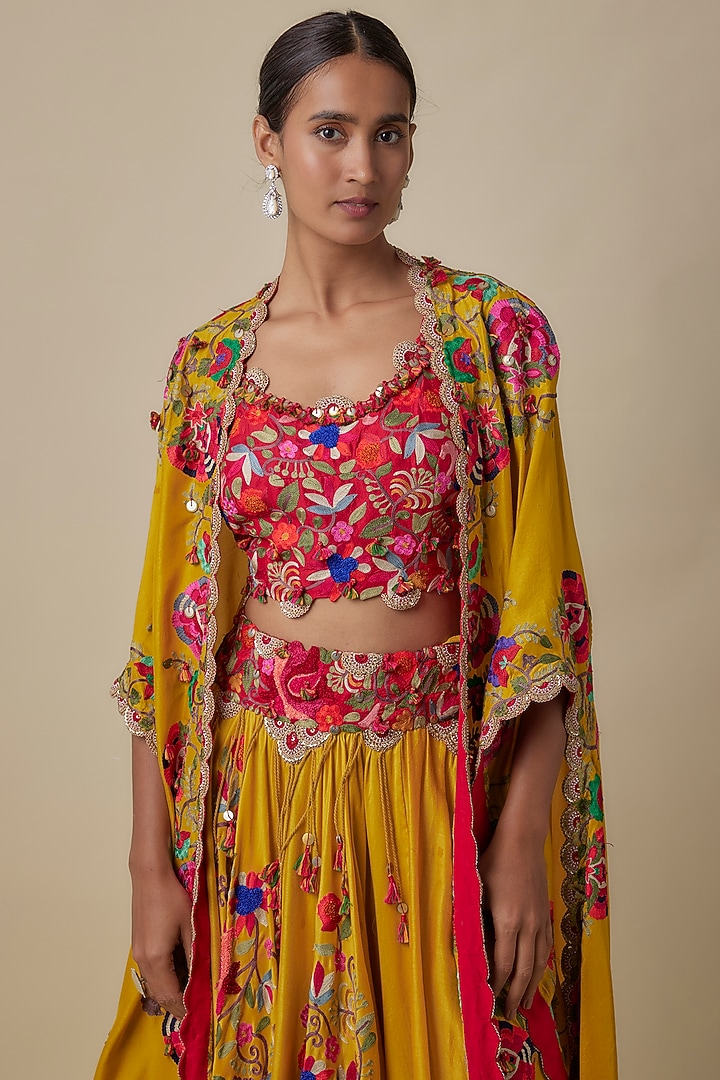 Yellow Organza Kashmiri Embroidered Butterfly Cape Set by Minaxi Dadoo at Pernia's Pop Up Shop