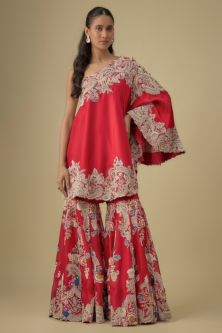 Red Organza Floral Work Gharara Set by Minaxi Dadoo at Pernia's Pop Up Shop
