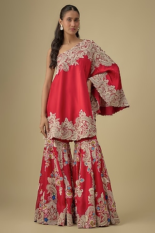 Red Organza Floral Work Gharara Set by Minaxi Dadoo