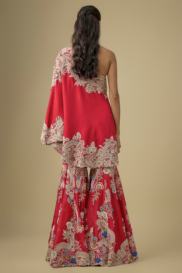 Red Organza Floral Work Gharara Set by Minaxi Dadoo at Pernia's Pop Up Shop
