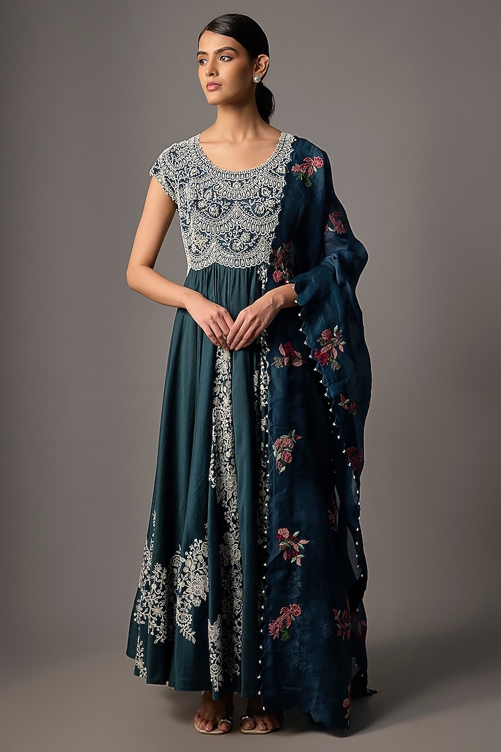 Peacock Blue Chanderi Thread Embroidered Bridal Anarkali Set by Minaxi Dadoo at Pernia's Pop Up Shop