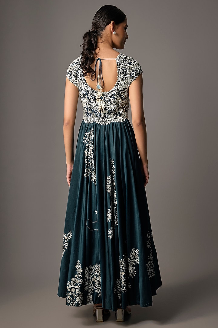 Peacock Blue Chanderi Thread Embroidered Bridal Anarkali Set by Minaxi Dadoo at Pernia's Pop Up Shop