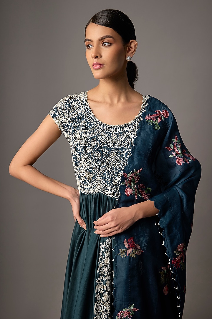 Peacock Blue Chanderi Thread Embroidered Bridal Anarkali Set by Minaxi Dadoo at Pernia's Pop Up Shop