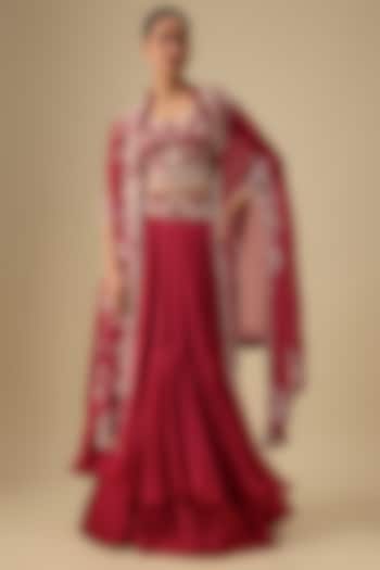 Red Silk Pearl Worl Butterfly Cape Set by Minaxi Dadoo at Pernia's Pop Up Shop