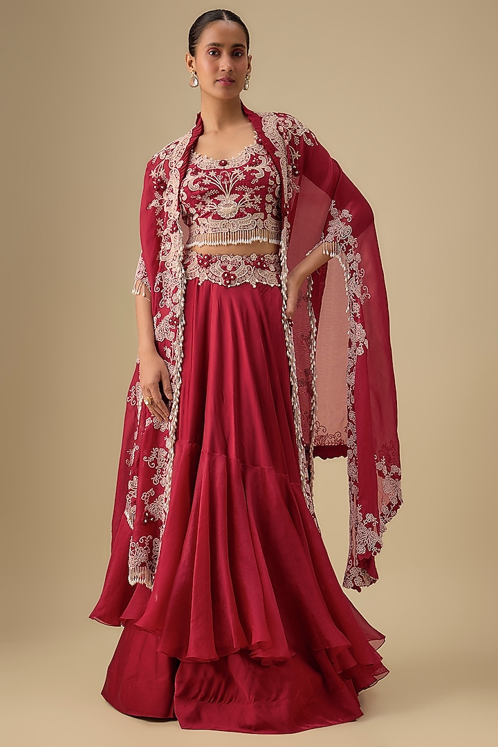 Red Silk Pearl Worl Butterfly Cape Set by Minaxi Dadoo at Pernia's Pop Up Shop