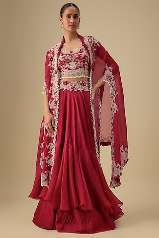 Red Silk Pearl Worl Butterfly Cape Set by Minaxi Dadoo