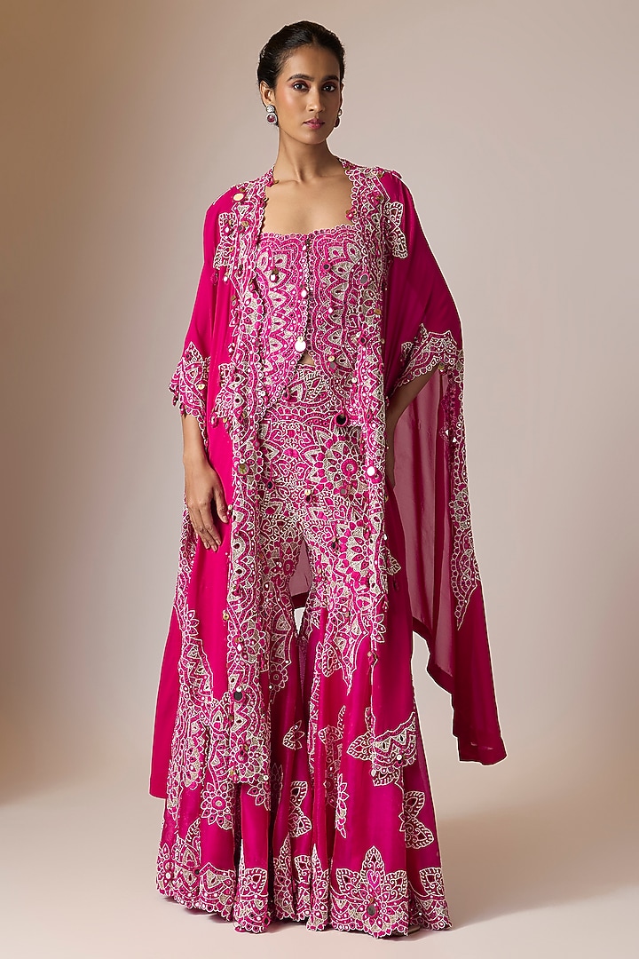 Rani Pink Silk Mirror Embroidered Gharara Set by Minaxi Dadoo at Pernia's Pop Up Shop