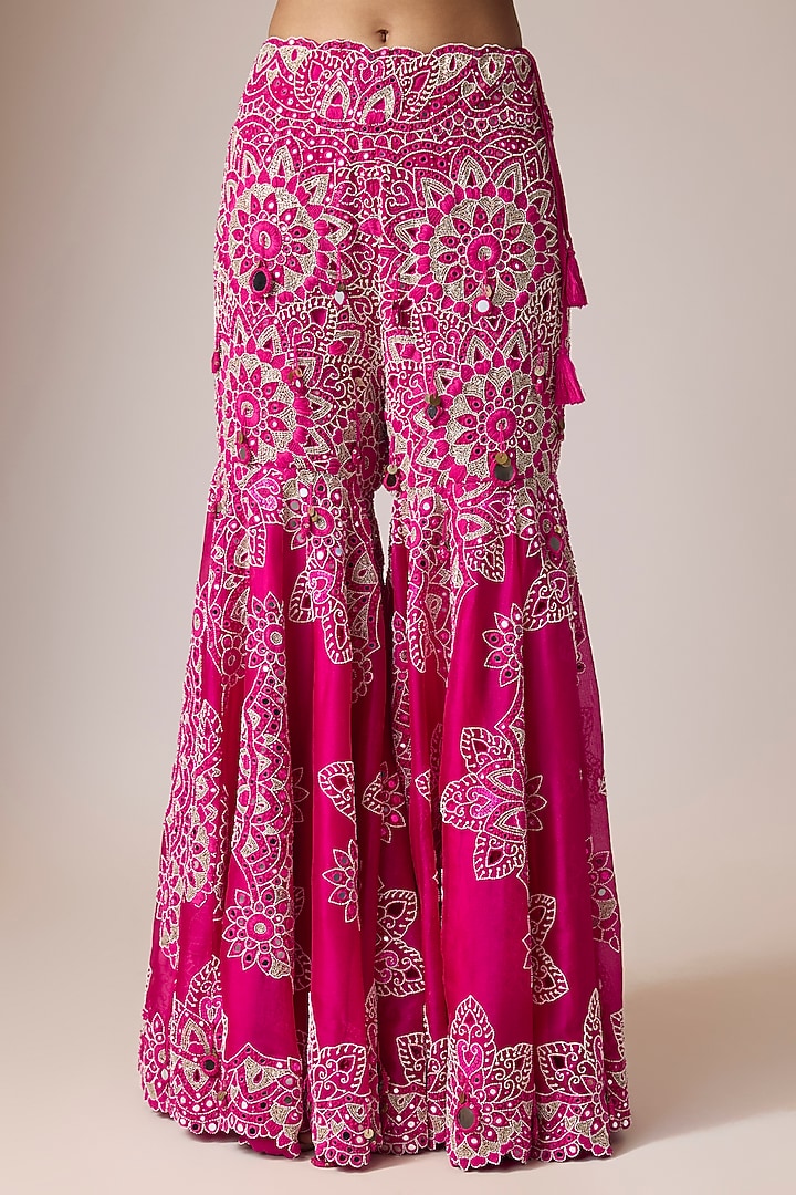 Rani Pink Silk Mirror Embroidered Gharara Set by Minaxi Dadoo at Pernia's Pop Up Shop