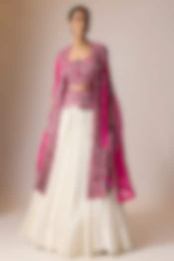 Rani Pink Organza Embroidered Butterfly Cape Set by Minaxi Dadoo at Pernia's Pop Up Shop