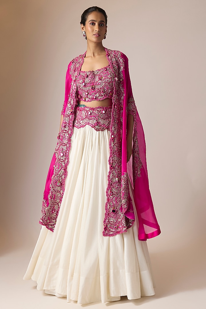 Rani Pink Organza Embroidered Butterfly Cape Set by Minaxi Dadoo at Pernia's Pop Up Shop