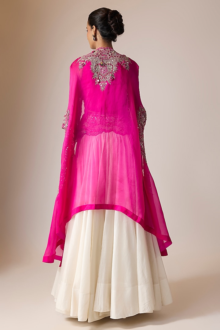 Rani Pink Organza Embroidered Butterfly Cape Set by Minaxi Dadoo at Pernia's Pop Up Shop