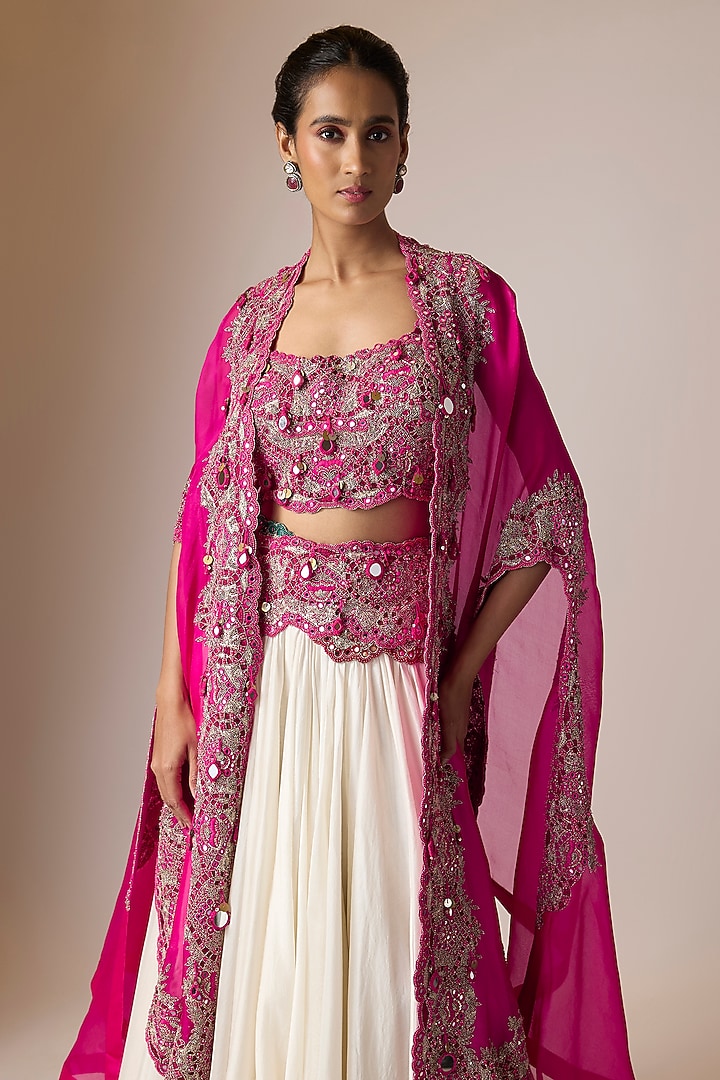Rani Pink Organza Embroidered Butterfly Cape Set by Minaxi Dadoo at Pernia's Pop Up Shop