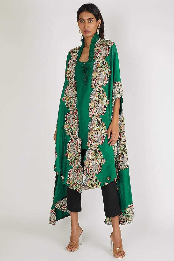 Deep Green Embroidered Tunic Set With Cape by Minaxi Dadoo