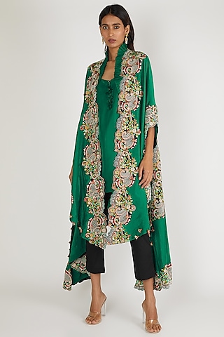Deep Green Embroidered Tunic Set With Cape by Minaxi Dadoo