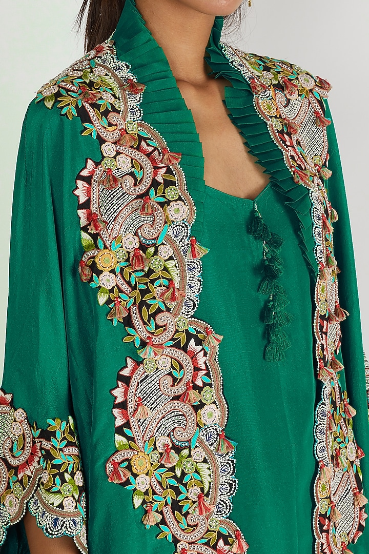 Deep Green Embroidered Tunic Set With Cape by Minaxi Dadoo at Pernia's Pop Up Shop