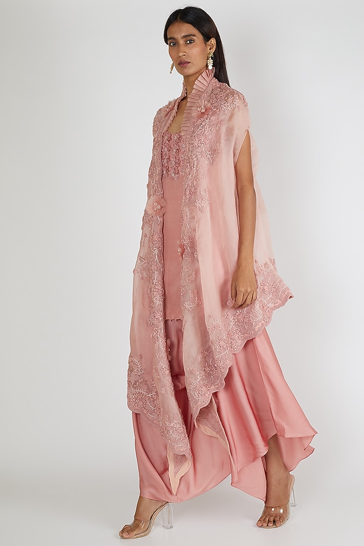Blush Pink Embroidered Tunic Set With Cape by Minaxi Dadoo at Pernia's Pop Up Shop