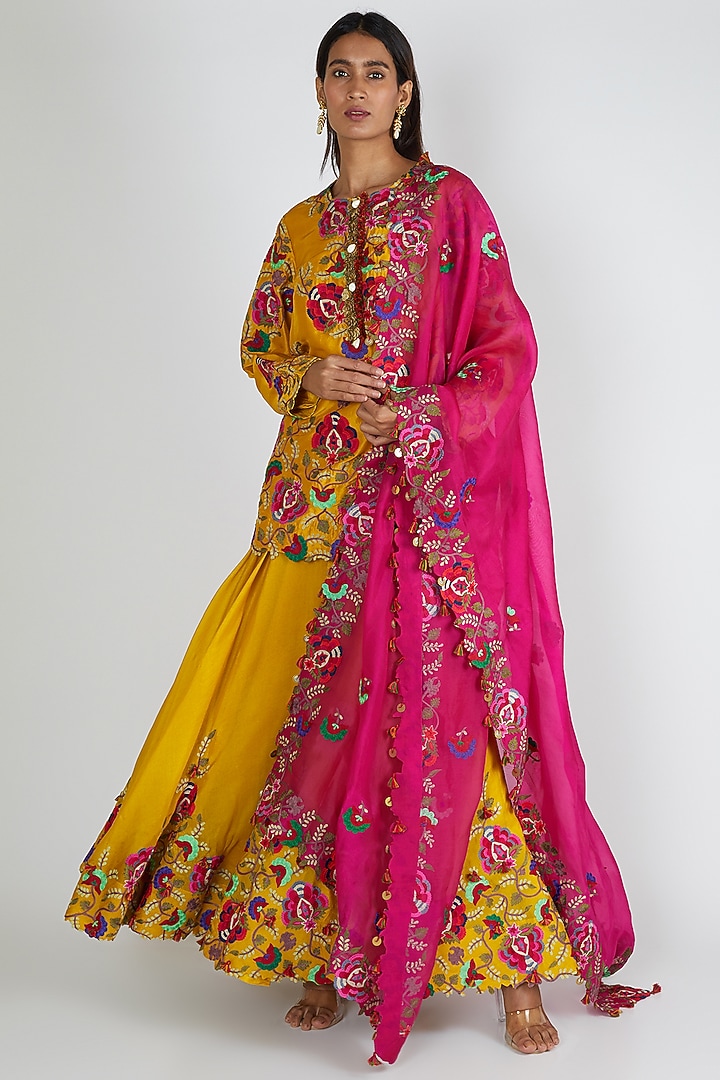 Yellow & Pink Embroidered Bridal Sharara Set by Minaxi Dadoo at Pernia's Pop Up Shop