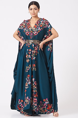 Cobalt Blue Embroidered Long Kaftan Set by Minaxi Dadoo