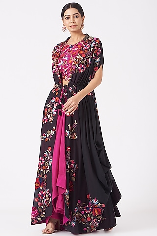 Black Silk Thread Embroidered Kaftan Cape Set by Minaxi Dadoo