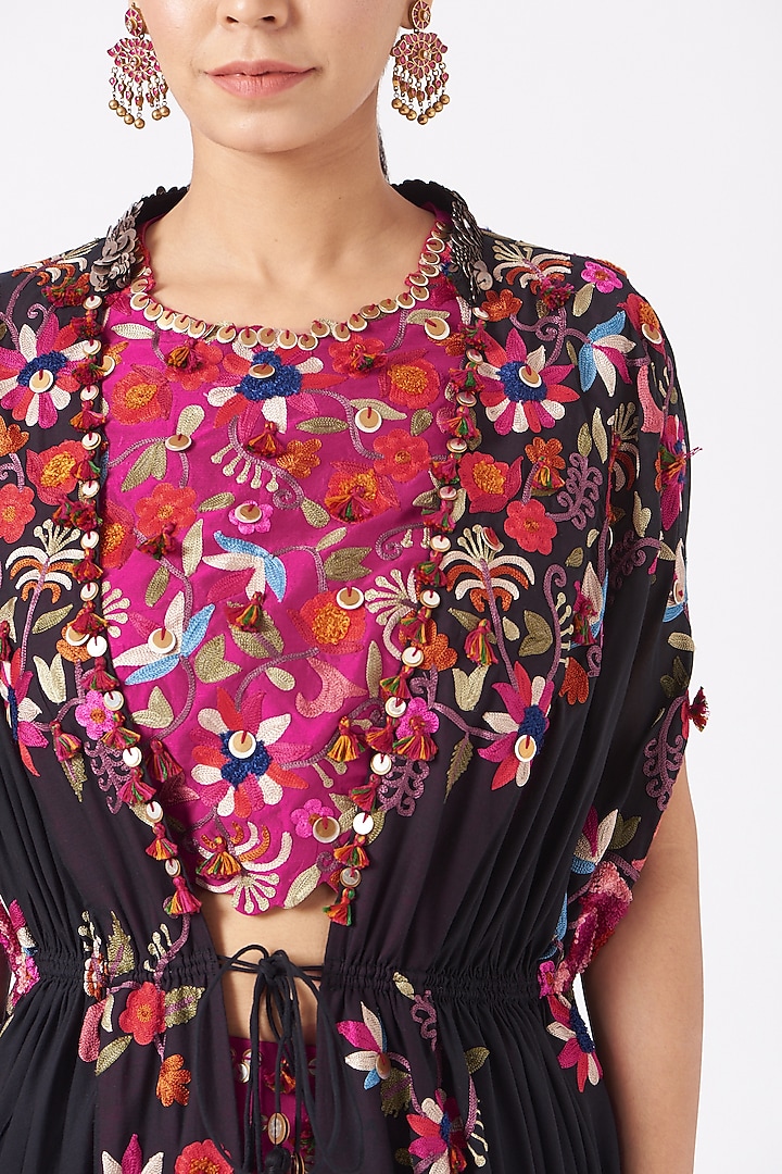 Black Silk Thread Embroidered Kaftan Cape Set by Minaxi Dadoo at Pernia's Pop Up Shop