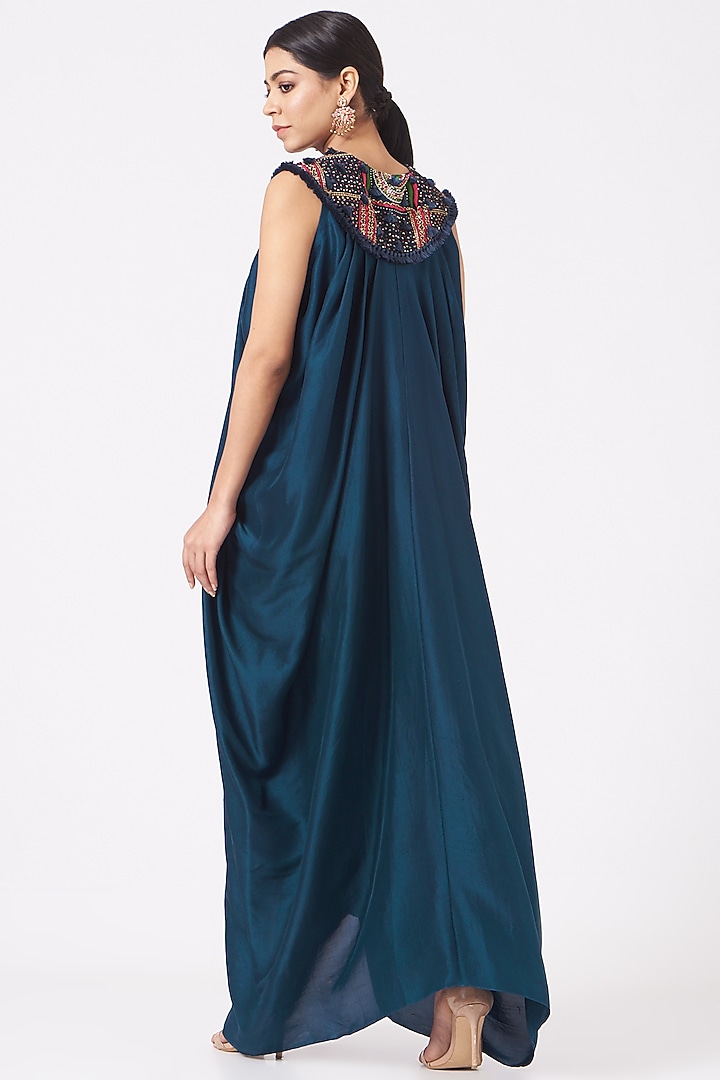 Cobalt Blue Embroidered Draped Cowl Cocktail Dress by Minaxi Dadoo at Pernia's Pop Up Shop