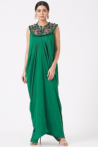 Dark Sea Green Embroidered Draped Cowl Dress by Minaxi Dadoo