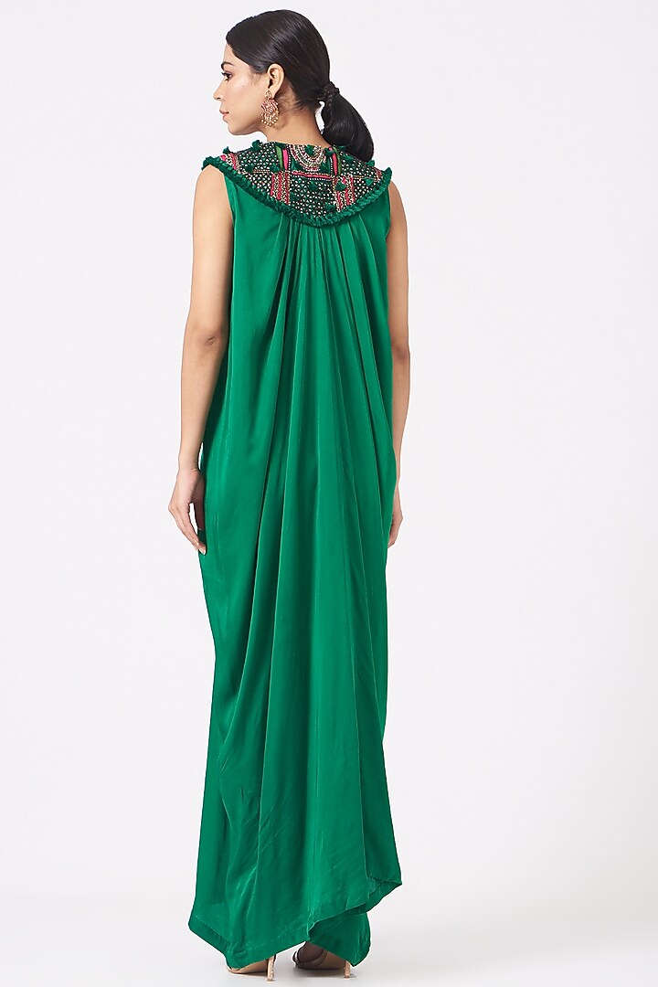 Dark Sea Green Embroidered Draped Cowl Cocktail Dress by Minaxi Dadoo at Pernia's Pop Up Shop